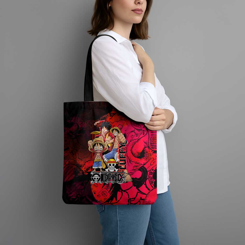 Luffy One Piece Red Theme Tote Bag with Straw Hat Crew and Gear Transformation Design - The Mazicc