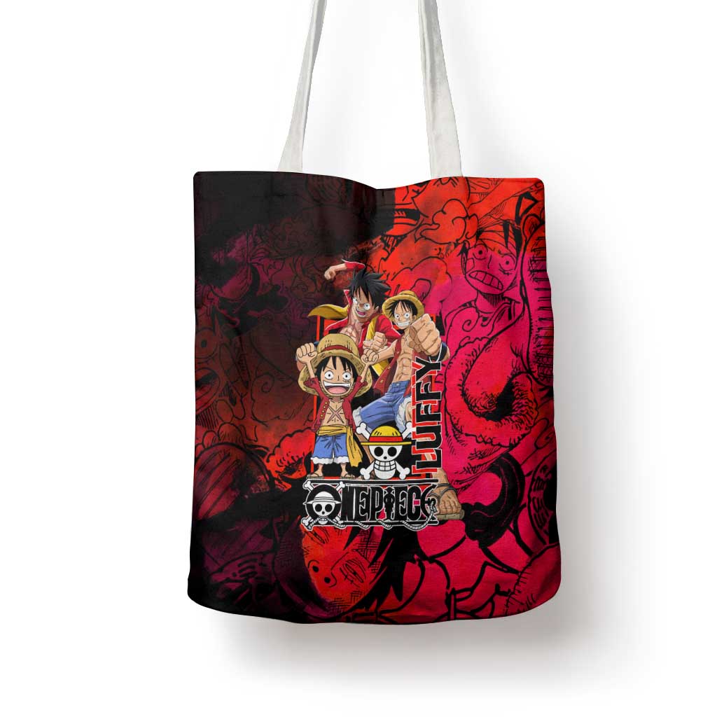 Luffy One Piece Red Theme Tote Bag with Straw Hat Crew and Gear Transformation Design - The Mazicc