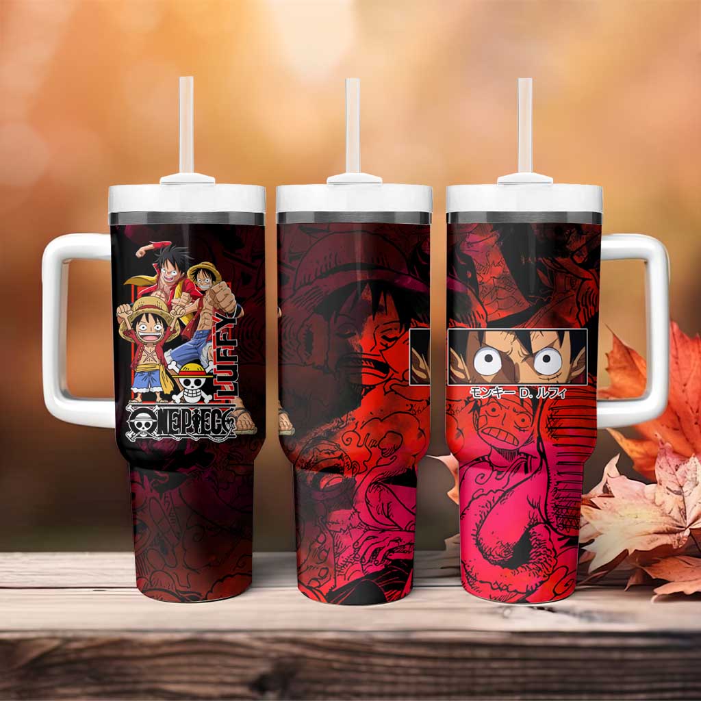 Luffy One Piece Red Theme Tumbler With Handle with Straw Hat Crew and Gear Transformation Design - The Mazicc