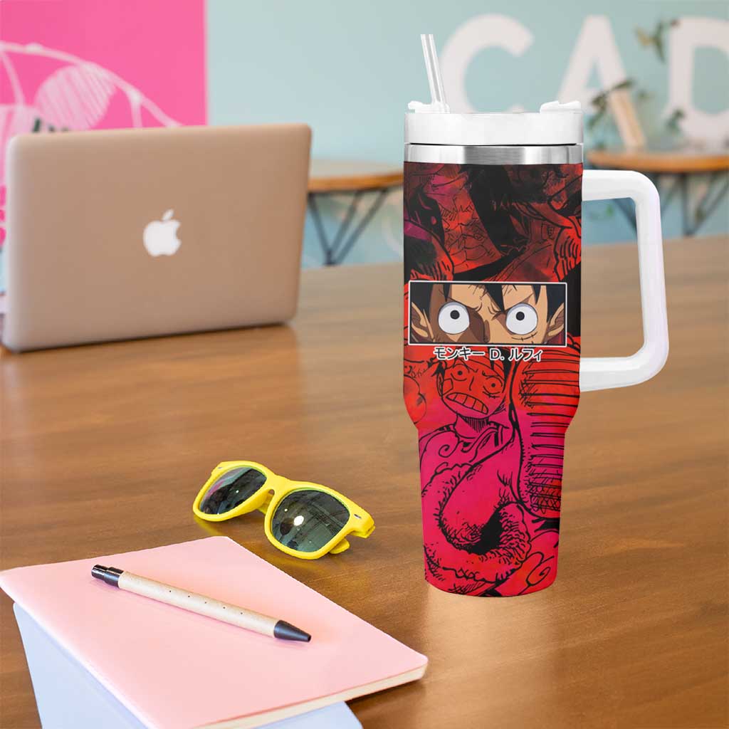 Luffy One Piece Red Theme Tumbler With Handle with Straw Hat Crew and Gear Transformation Design - The Mazicc
