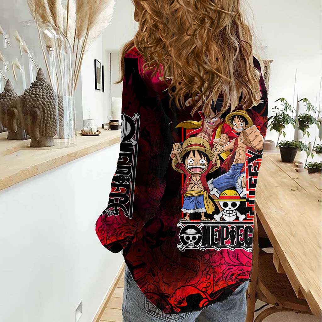 Luffy One Piece Red Theme Women Casual Shirt with Straw Hat Crew and Gear Transformation Design - The Mazicc