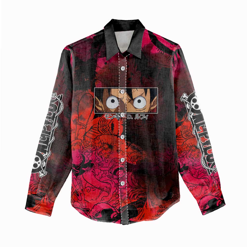 Luffy One Piece Red Theme Women Casual Shirt with Straw Hat Crew and Gear Transformation Design - The Mazicc