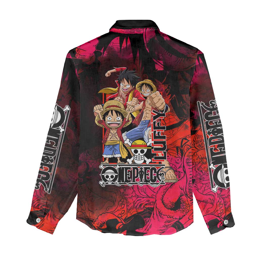 Luffy One Piece Red Theme Women Casual Shirt with Straw Hat Crew and Gear Transformation Design - The Mazicc