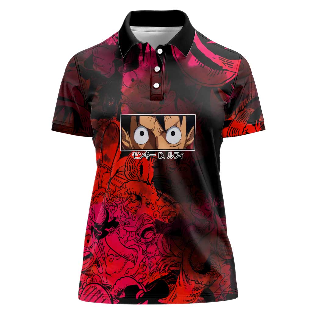 Luffy One Piece Red Theme Women Polo Shirt with Straw Hat Crew and Gear Transformation Design - The Mazicc