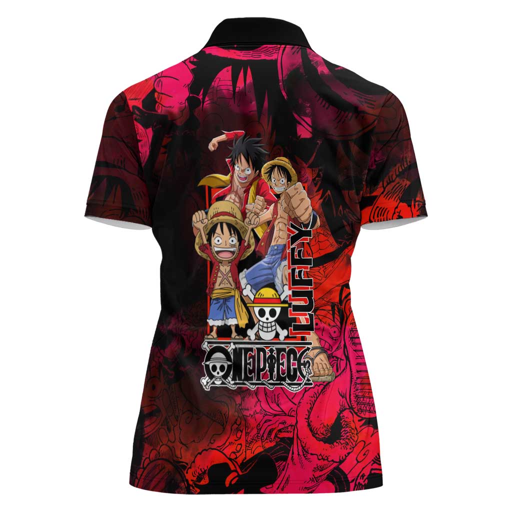 Luffy One Piece Red Theme Women Polo Shirt with Straw Hat Crew and Gear Transformation Design - The Mazicc