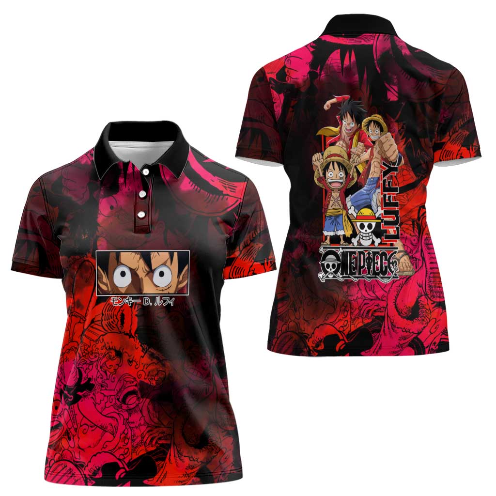 Luffy One Piece Red Theme Women Polo Shirt with Straw Hat Crew and Gear Transformation Design - The Mazicc