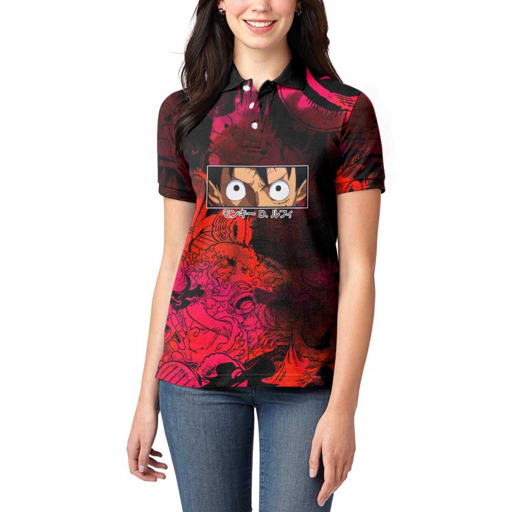 Luffy One Piece Red Theme Women Polo Shirt with Straw Hat Crew and Gear Transformation Design - The Mazicc