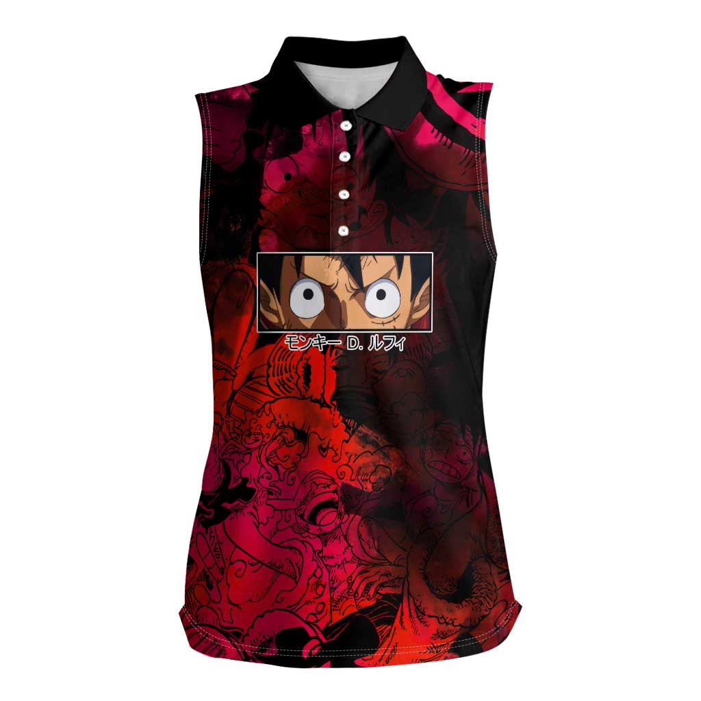 Luffy One Piece Red Theme Women Sleeveless Polo Shirt with Straw Hat Crew and Gear Transformation Design - The Mazicc