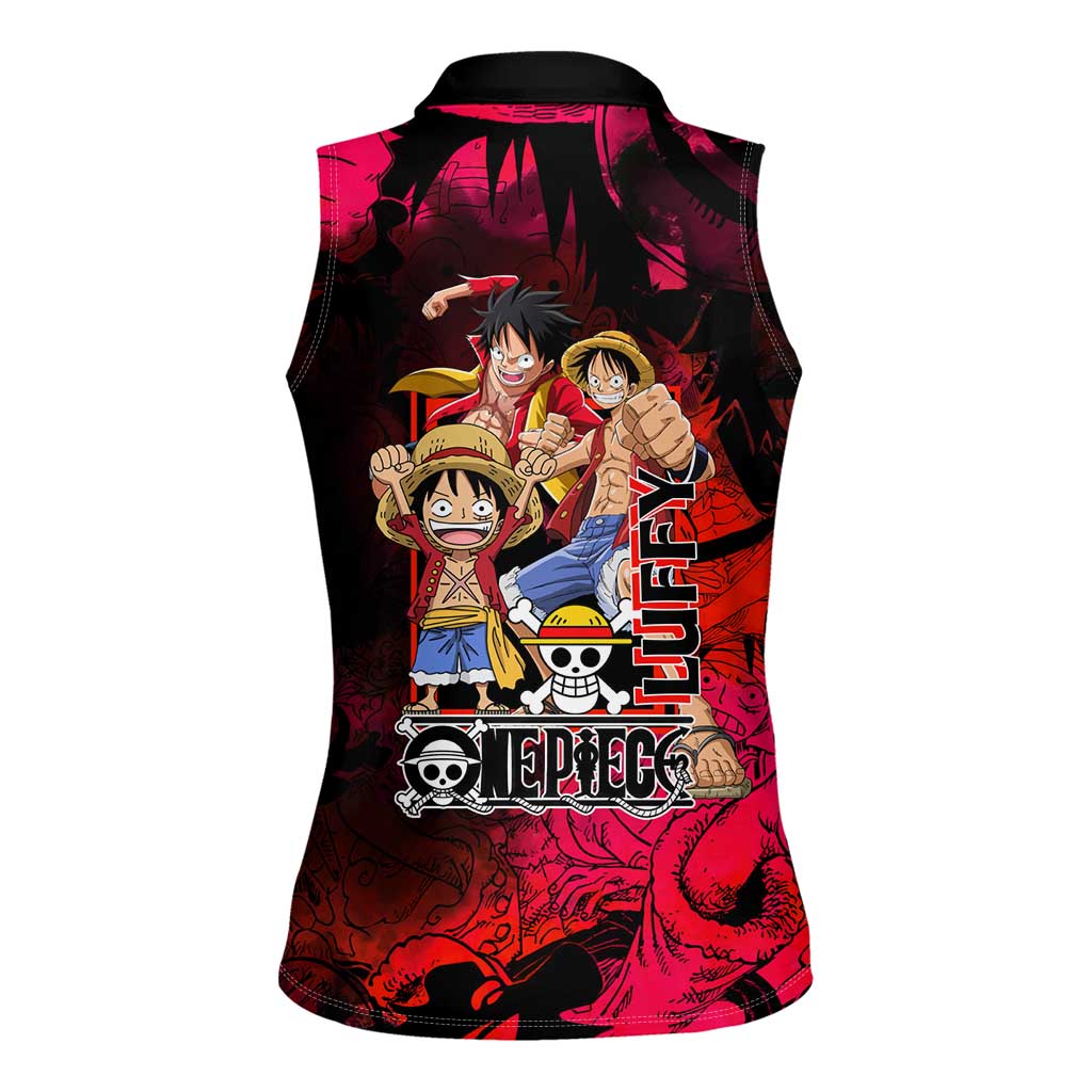 Luffy One Piece Red Theme Women Sleeveless Polo Shirt with Straw Hat Crew and Gear Transformation Design - The Mazicc