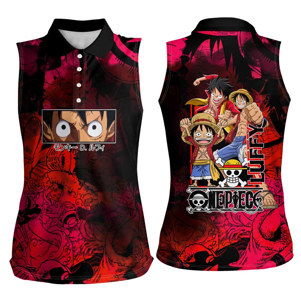 Luffy One Piece Red Theme Women Sleeveless Polo Shirt with Straw Hat Crew and Gear Transformation Design - The Mazicc