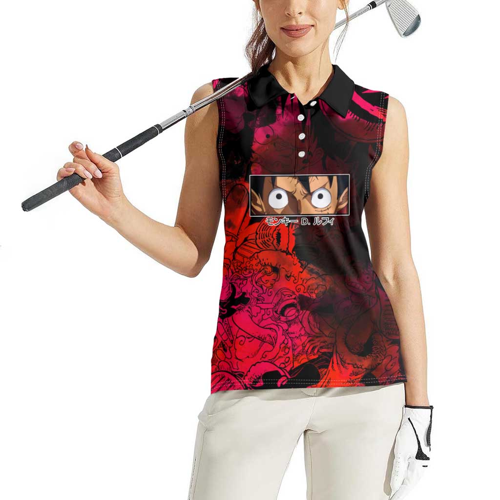 Luffy One Piece Red Theme Women Sleeveless Polo Shirt with Straw Hat Crew and Gear Transformation Design - The Mazicc