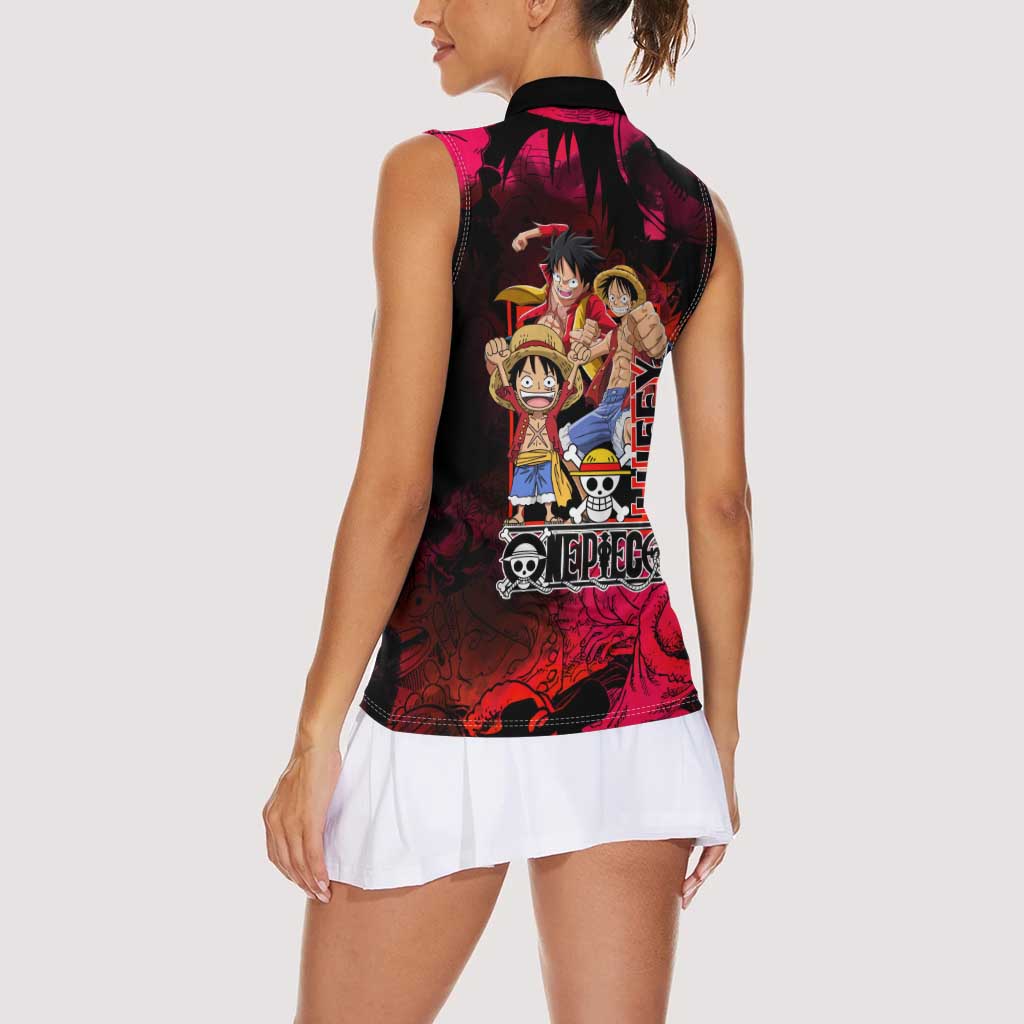 Luffy One Piece Red Theme Women Sleeveless Polo Shirt with Straw Hat Crew and Gear Transformation Design - The Mazicc