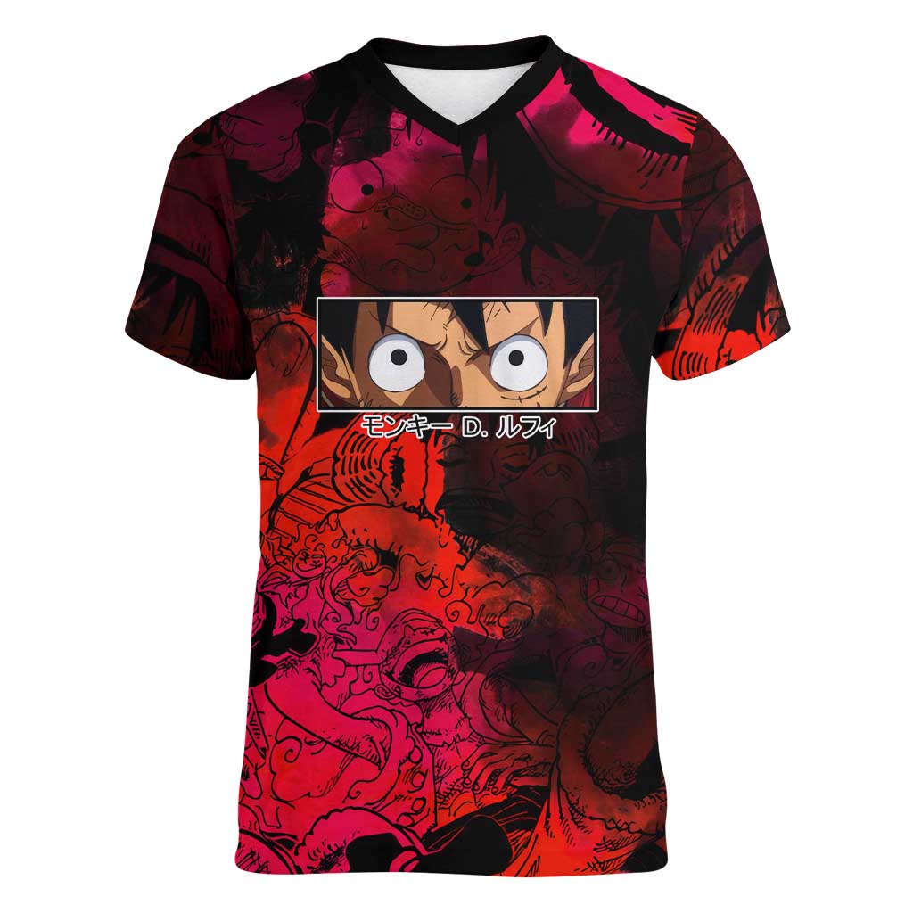 Luffy One Piece Red Theme Women V-Neck T-Shirt with Straw Hat Crew and Gear Transformation Design - The Mazicc