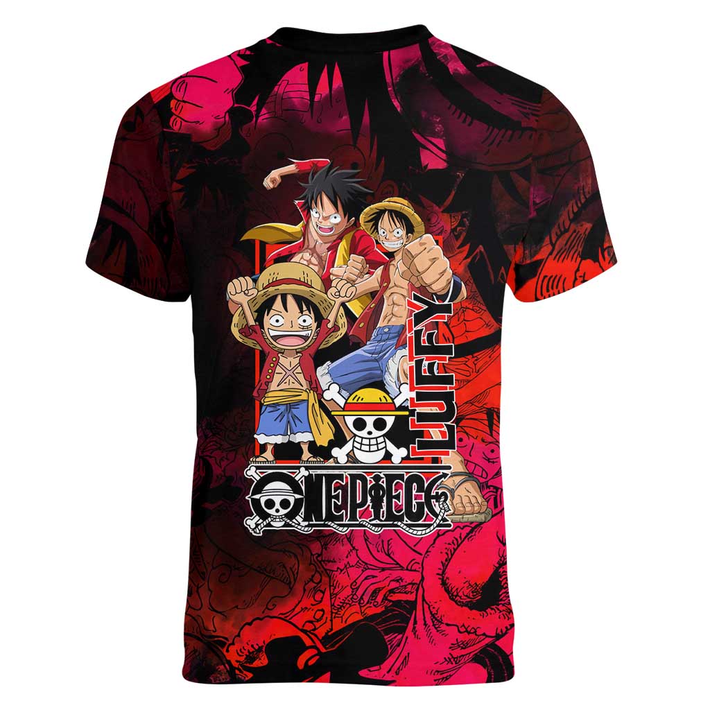 Luffy One Piece Red Theme Women V-Neck T-Shirt with Straw Hat Crew and Gear Transformation Design - The Mazicc