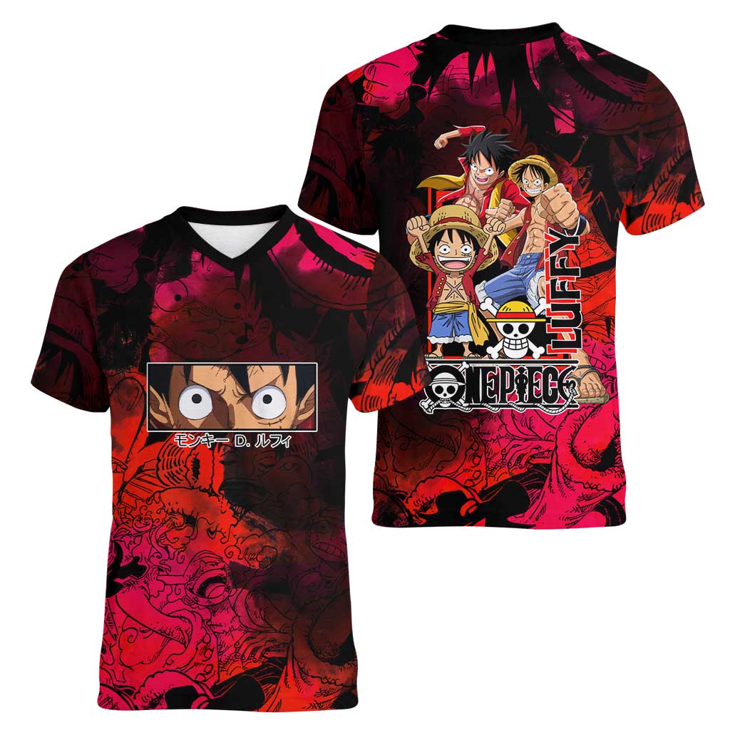 Luffy One Piece Red Theme Women V-Neck T-Shirt with Straw Hat Crew and Gear Transformation Design - The Mazicc
