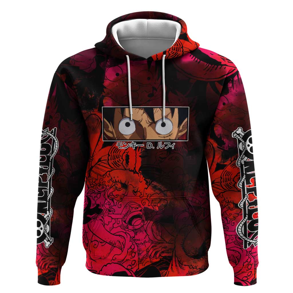 Luffy One Piece Red Theme Zip Hoodie with Straw Hat Crew and Gear Transformation Design - The Mazicc