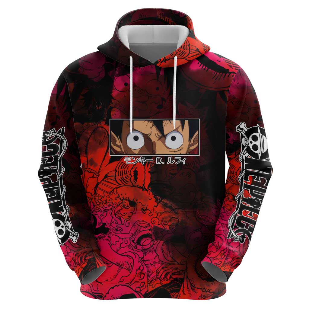 Luffy One Piece Red Theme Zip Hoodie with Straw Hat Crew and Gear Transformation Design - The Mazicc