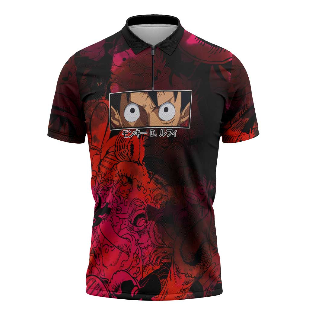 Luffy One Piece Red Theme Zipper Polo Shirt with Straw Hat Crew and Gear Transformation Design - The Mazicc