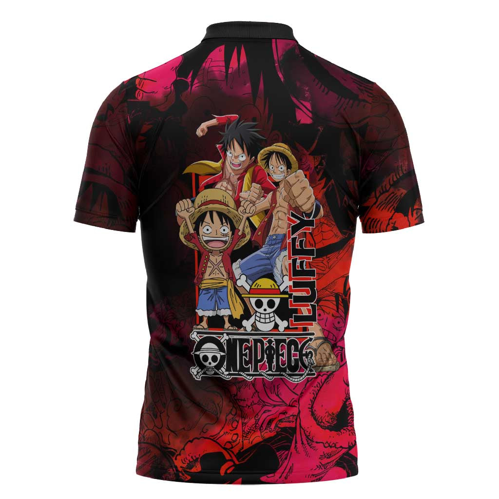 Luffy One Piece Red Theme Zipper Polo Shirt with Straw Hat Crew and Gear Transformation Design - The Mazicc