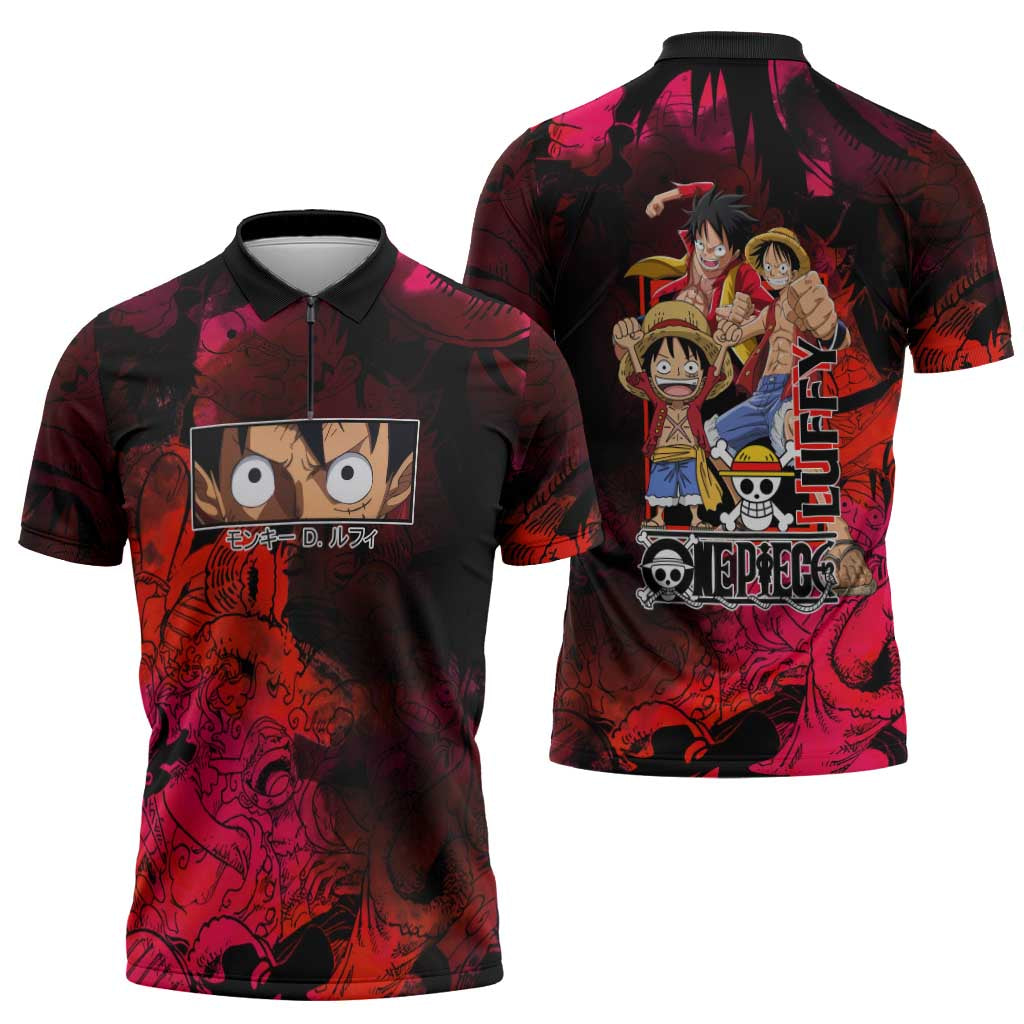 Luffy One Piece Red Theme Zipper Polo Shirt with Straw Hat Crew and Gear Transformation Design - The Mazicc