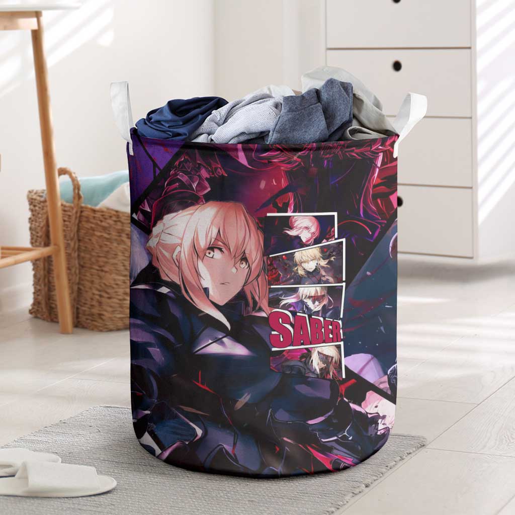 Saber Artoria Pendragon Dark Armor Theme Laundry Basket with Red and Purple Abstract Background Design - The Mazicc