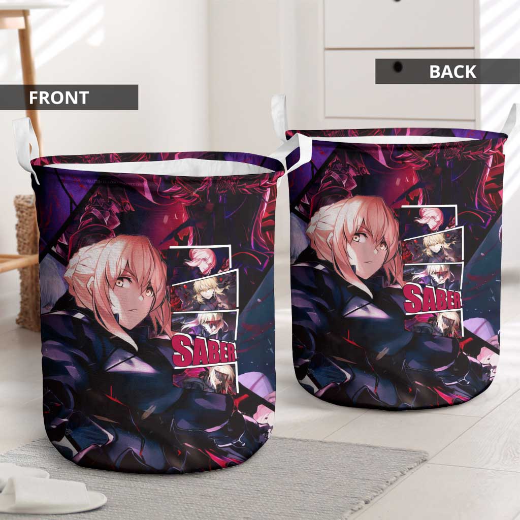 Saber Artoria Pendragon Dark Armor Theme Laundry Basket with Red and Purple Abstract Background Design - The Mazicc