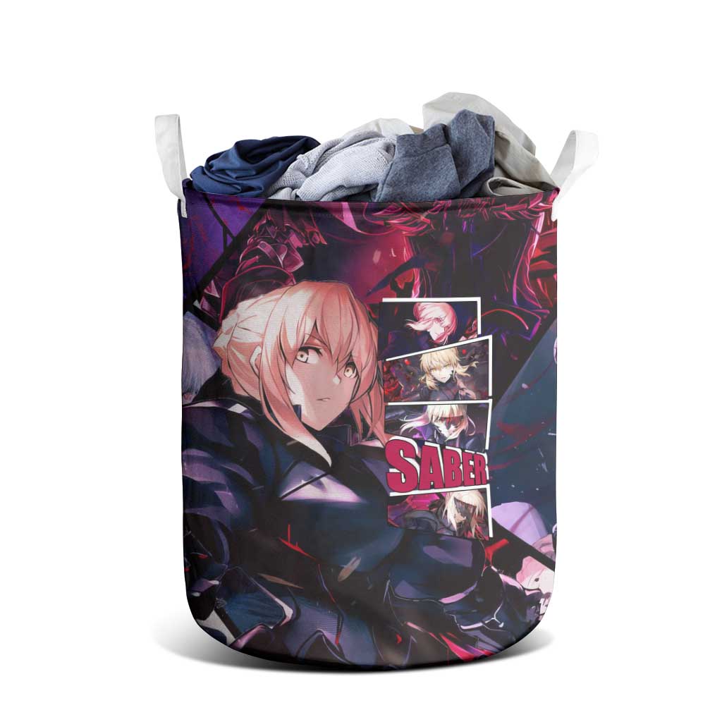 Saber Artoria Pendragon Dark Armor Theme Laundry Basket with Red and Purple Abstract Background Design - The Mazicc