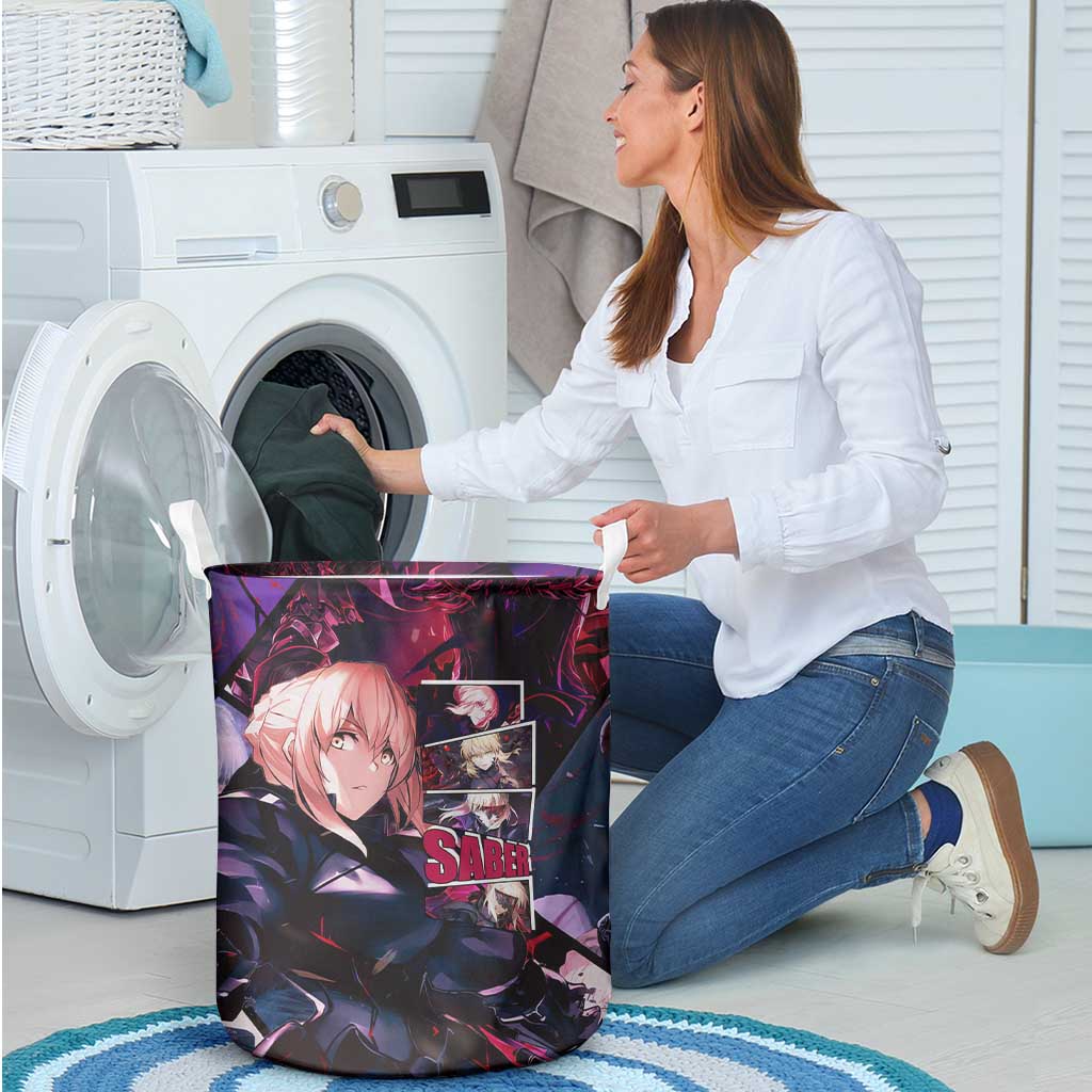 Saber Artoria Pendragon Dark Armor Theme Laundry Basket with Red and Purple Abstract Background Design - The Mazicc