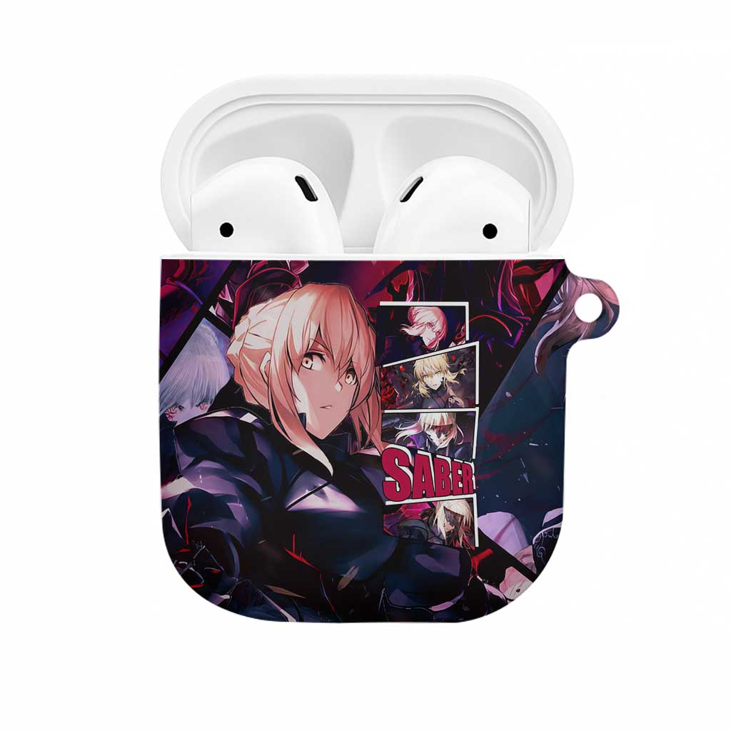 Saber Artoria Pendragon Dark Armor Theme AirPods Case with Red and Purple Abstract Background Design - The Mazicc