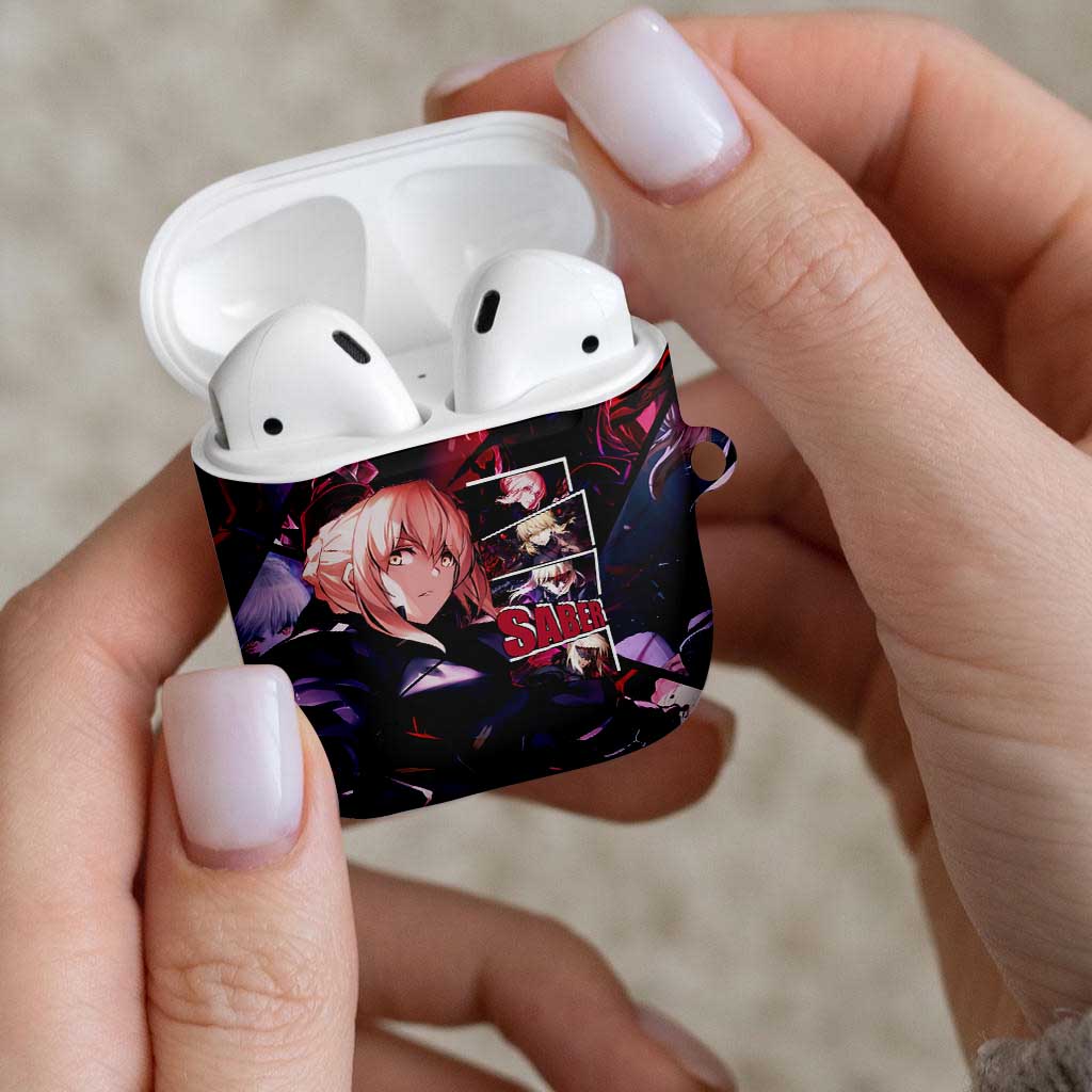 Saber Artoria Pendragon Dark Armor Theme AirPods Case with Red and Purple Abstract Background Design - The Mazicc