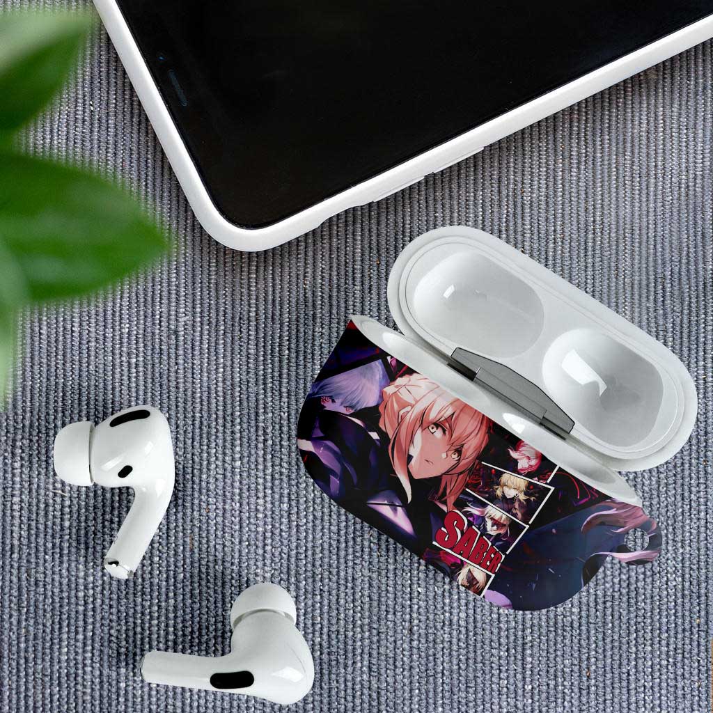 Saber Artoria Pendragon Dark Armor Theme AirPods Case with Red and Purple Abstract Background Design - The Mazicc