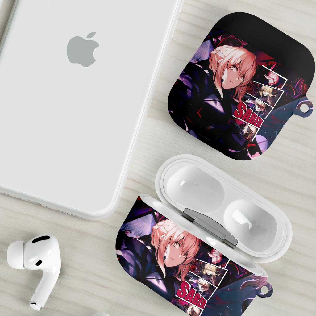 Saber Artoria Pendragon Dark Armor Theme AirPods Case with Red and Purple Abstract Background Design - The Mazicc