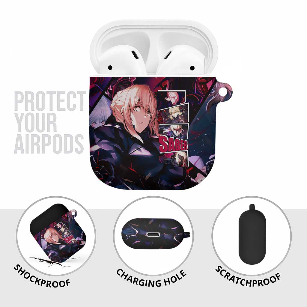 Saber Artoria Pendragon Dark Armor Theme AirPods Case with Red and Purple Abstract Background Design - The Mazicc