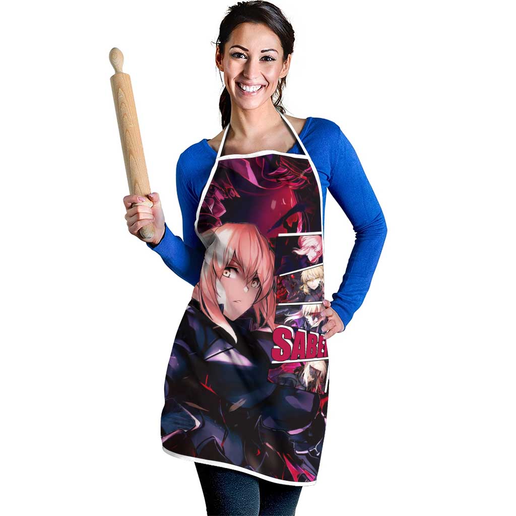 Saber Artoria Pendragon Dark Armor Theme Apron with Red and Purple Abstract Background Design - The Mazicc