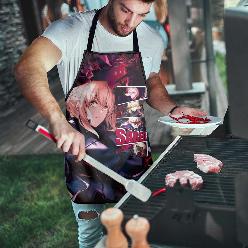 Saber Artoria Pendragon Dark Armor Theme Apron with Red and Purple Abstract Background Design - The Mazicc