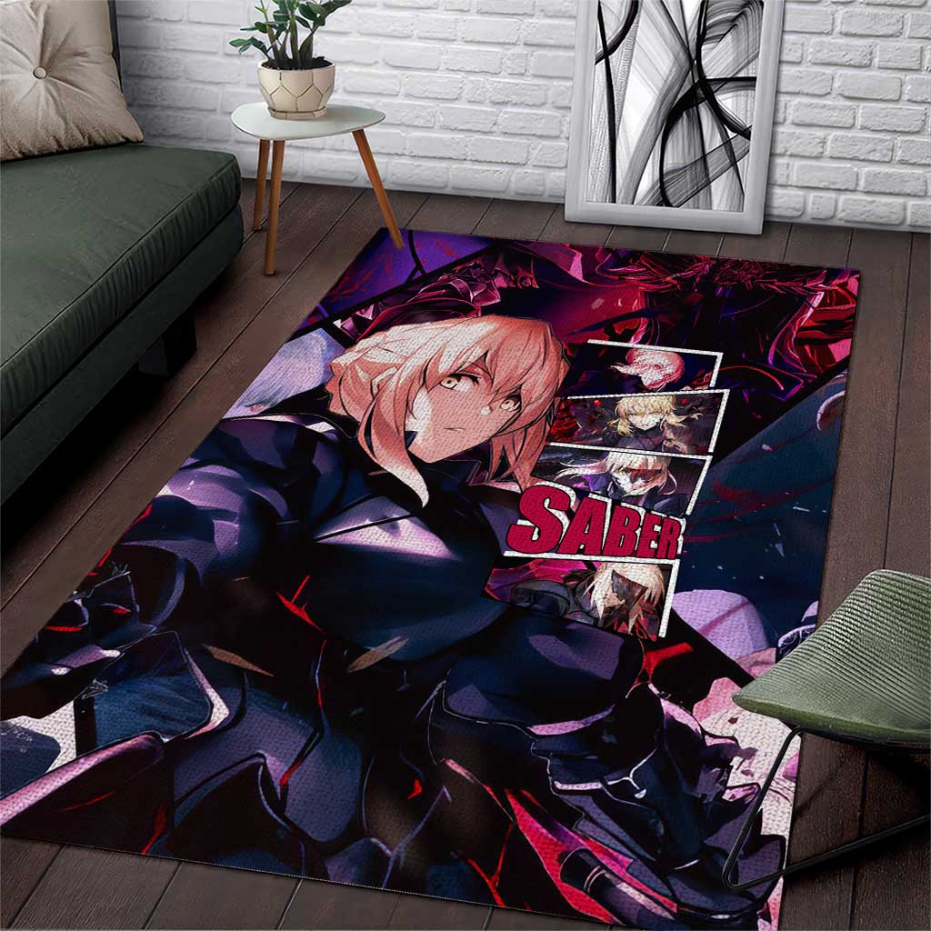 Saber Artoria Pendragon Dark Armor Theme Area Rug with Red and Purple Abstract Background Design - The Mazicc