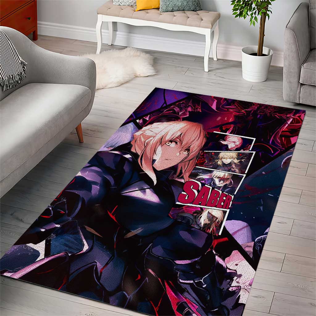 Saber Artoria Pendragon Dark Armor Theme Area Rug with Red and Purple Abstract Background Design - The Mazicc
