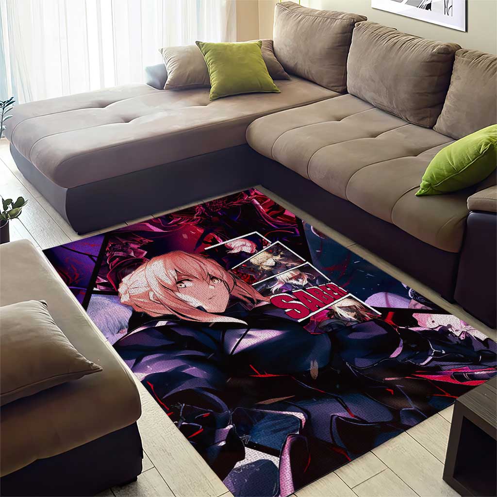 Saber Artoria Pendragon Dark Armor Theme Area Rug with Red and Purple Abstract Background Design - The Mazicc