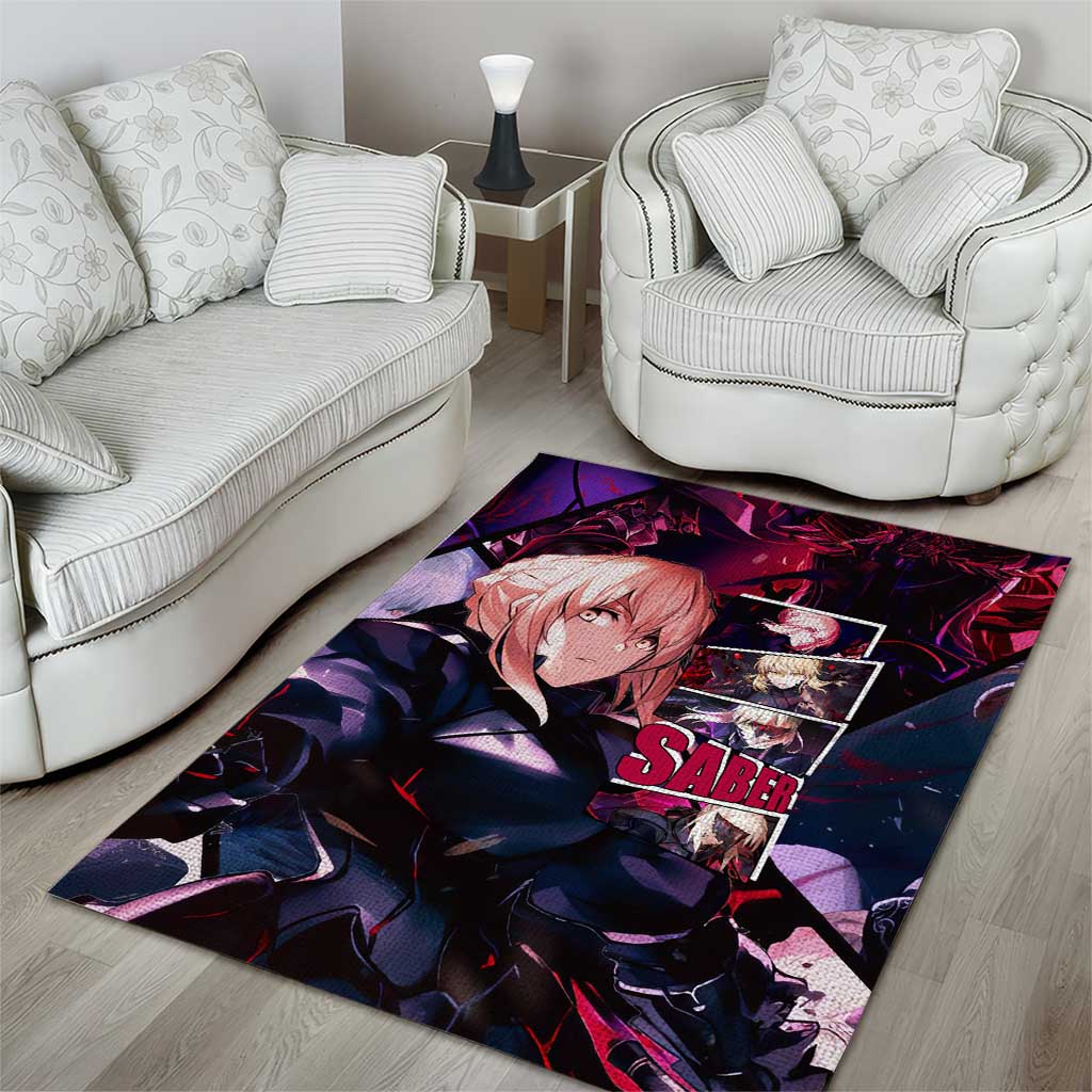 Saber Artoria Pendragon Dark Armor Theme Area Rug with Red and Purple Abstract Background Design - The Mazicc