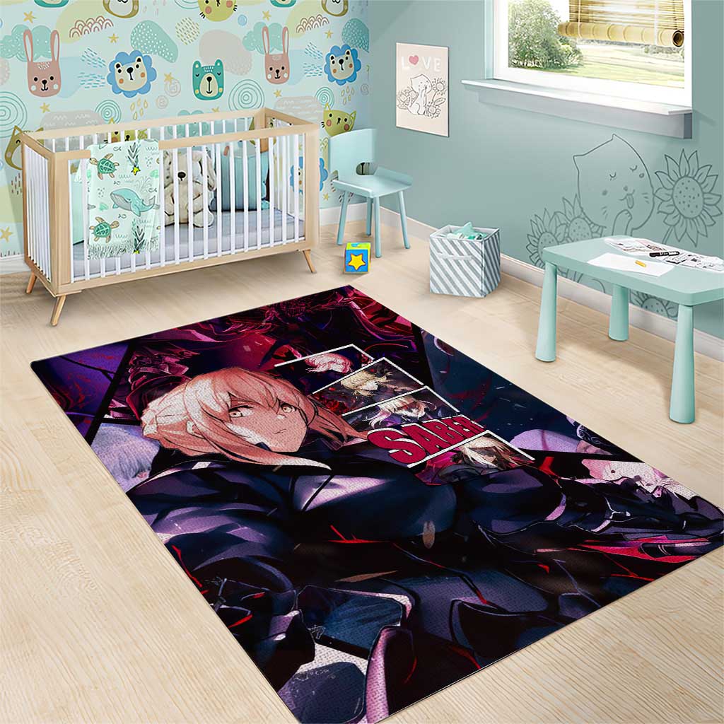 Saber Artoria Pendragon Dark Armor Theme Area Rug with Red and Purple Abstract Background Design - The Mazicc