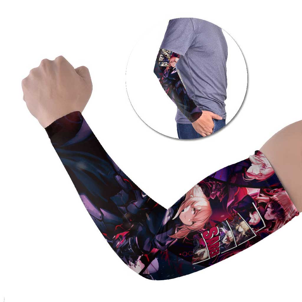 Saber Artoria Pendragon Dark Armor Theme Arm Sleeves with Red and Purple Abstract Background Design - The Mazicc