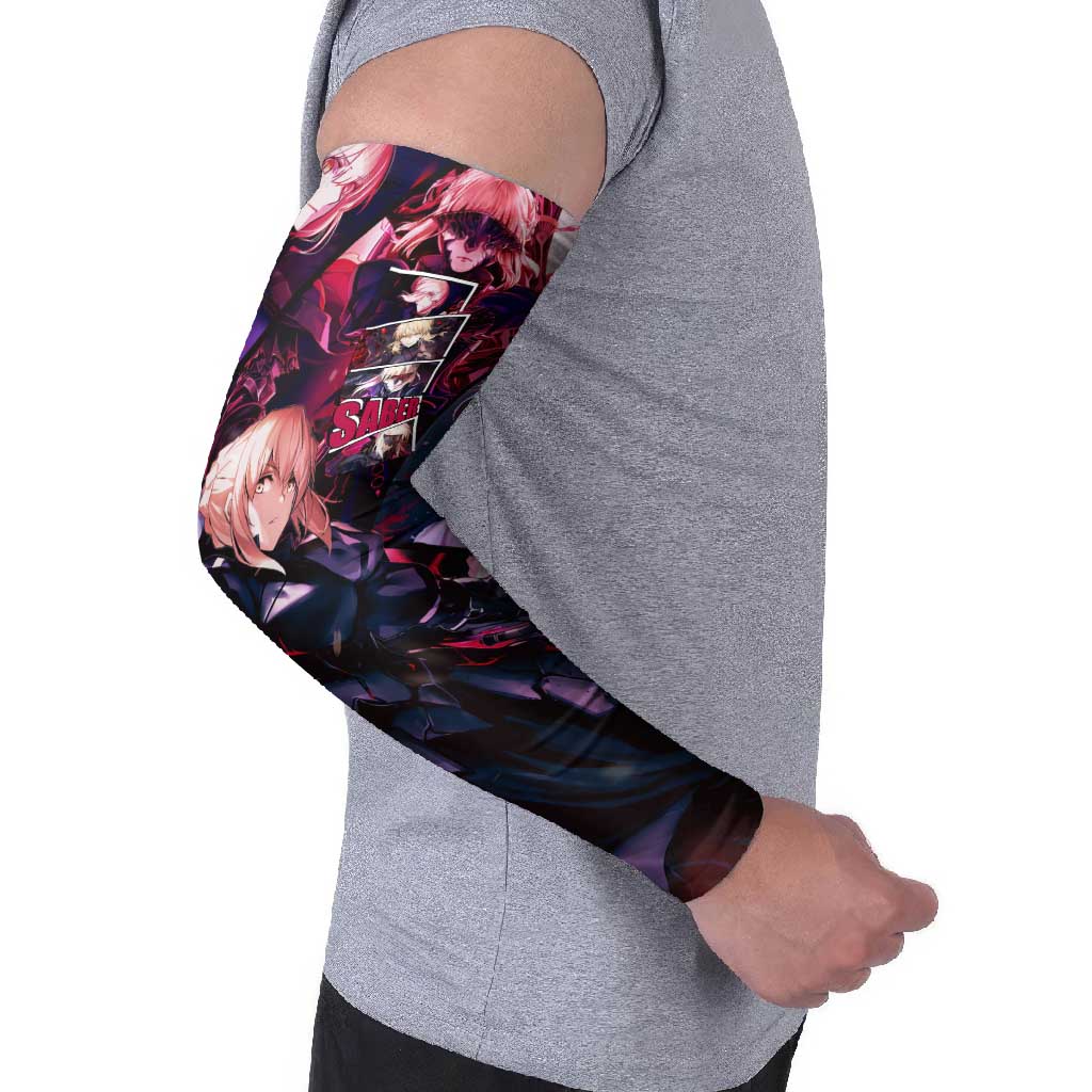Saber Artoria Pendragon Dark Armor Theme Arm Sleeves with Red and Purple Abstract Background Design - The Mazicc