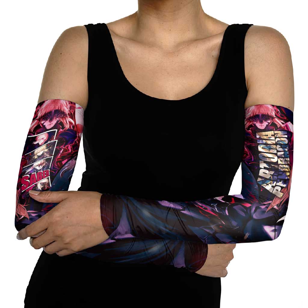 Saber Artoria Pendragon Dark Armor Theme Arm Sleeves with Red and Purple Abstract Background Design - The Mazicc
