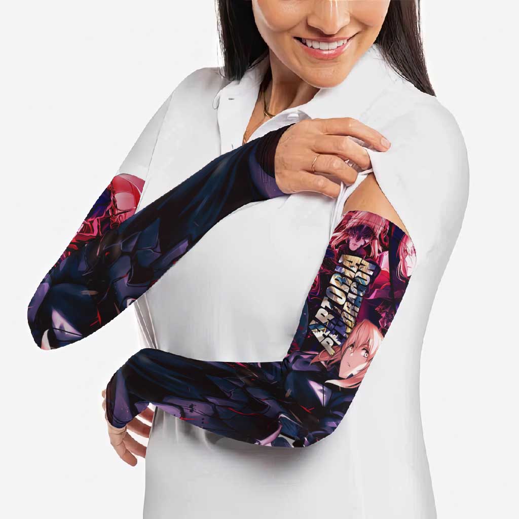 Saber Artoria Pendragon Dark Armor Theme Arm Sleeves with Red and Purple Abstract Background Design - The Mazicc