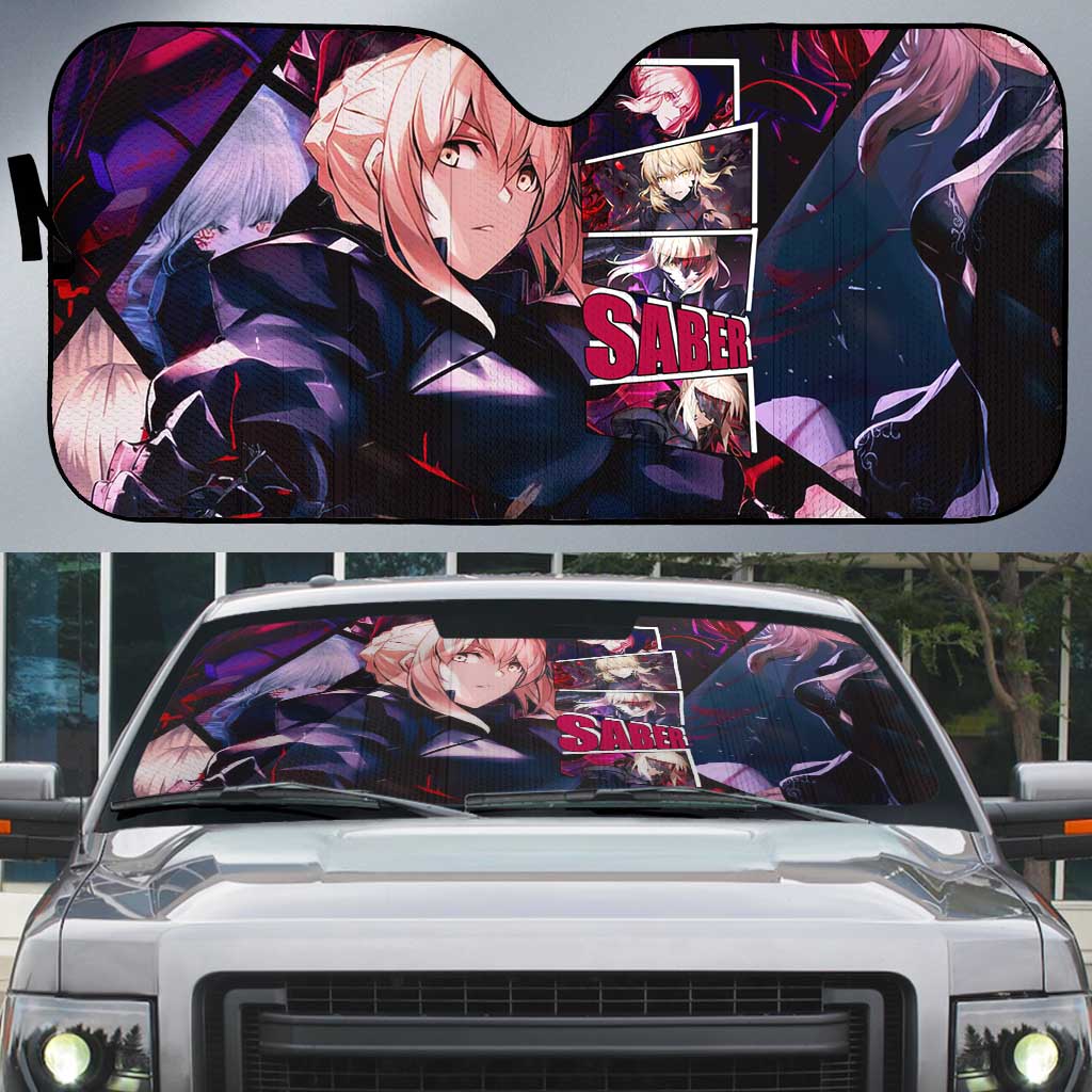Saber Artoria Pendragon Dark Armor Theme Auto Sun Shade with Red and Purple Abstract Background Design - The Mazicc