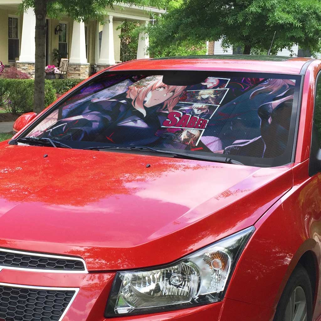 Saber Artoria Pendragon Dark Armor Theme Auto Sun Shade with Red and Purple Abstract Background Design - The Mazicc