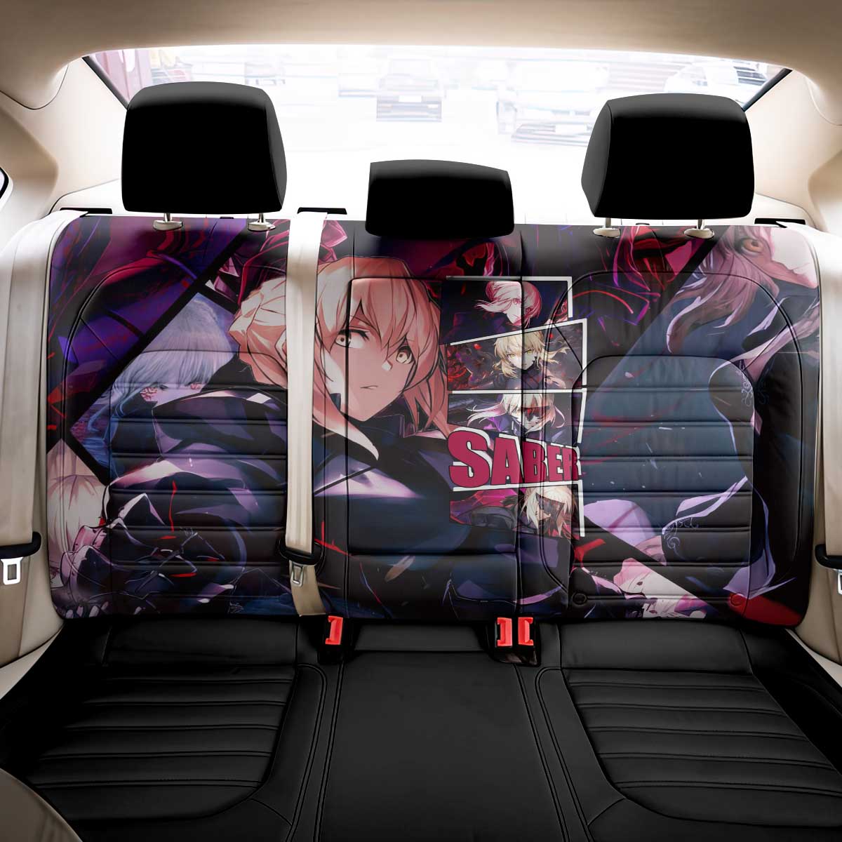 Saber Artoria Pendragon Dark Armor Theme Back Car Seat Cover with Red and Purple Abstract Background Design - The Mazicc