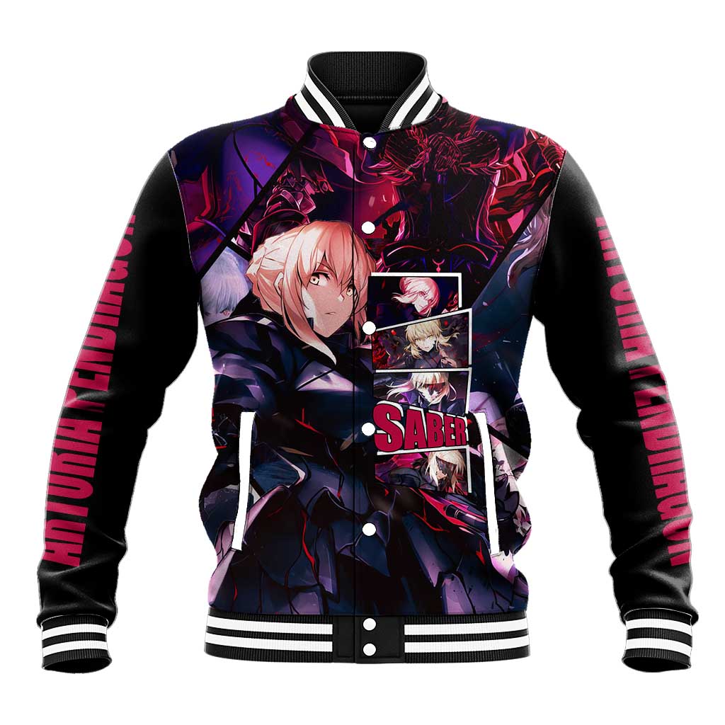 Saber Artoria Pendragon Dark Armor Theme Baseball Jacket with Red and Purple Abstract Background Design - The Mazicc