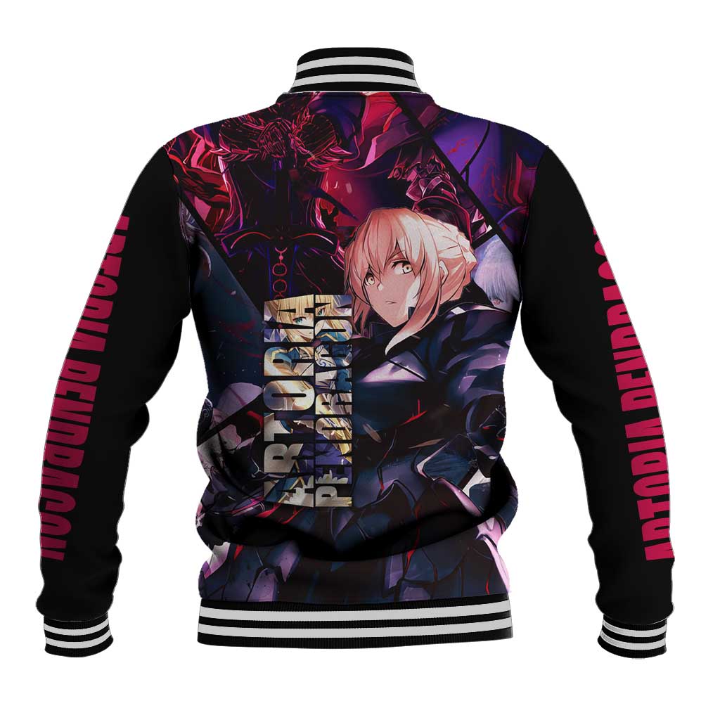 Saber Artoria Pendragon Dark Armor Theme Baseball Jacket with Red and Purple Abstract Background Design - The Mazicc