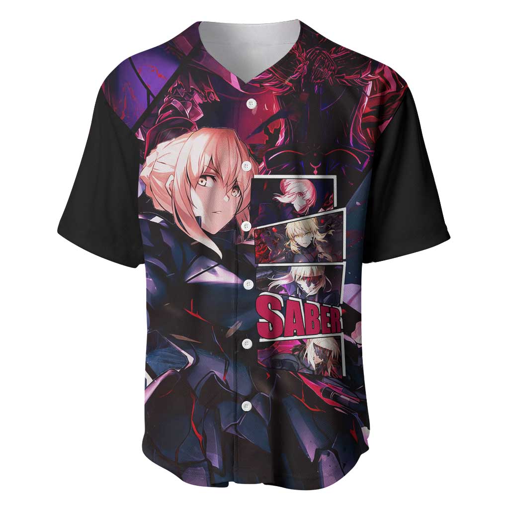 Saber Artoria Pendragon Dark Armor Theme Baseball Jersey with Red and Purple Abstract Background Design - The Mazicc